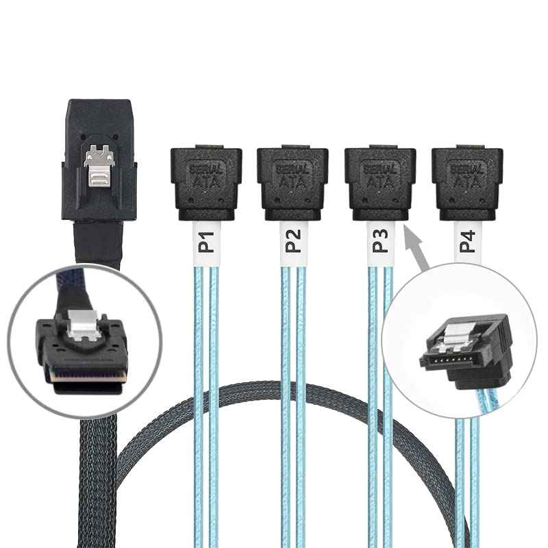 WLGQ Mini SAS to SATA Cable 36Pin (SFF-8087) to 4 SATA 7Pin 90° Elbow, 1M (3.3FT) - WLGQHUB