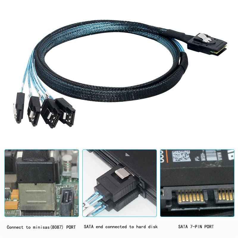 WLGQ Mini SAS to SATA Cable 36Pin (SFF-8087) to 4 SATA 7Pin 90° Elbow, 1M (3.3FT) - WLGQHUB