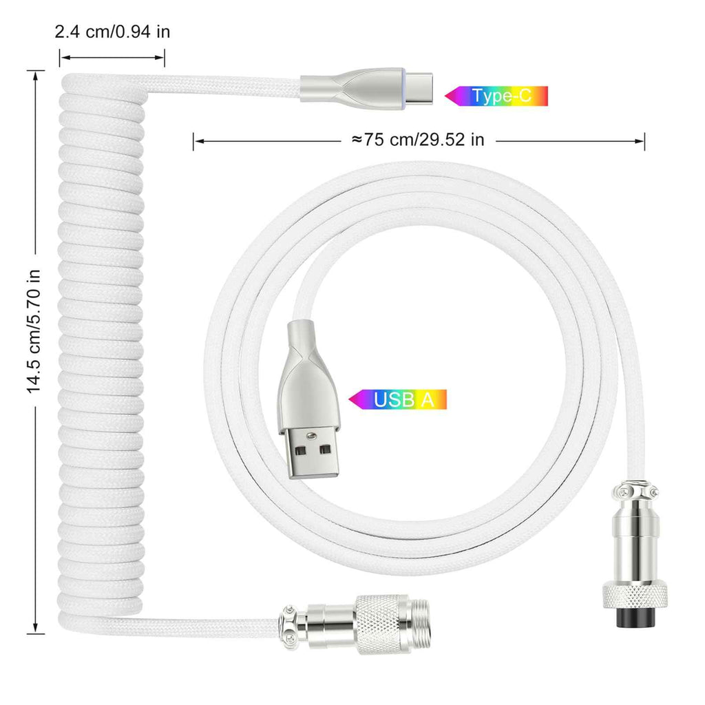 WLGQ USB C Keyboard Cable, USB C to USB A Cable for Gaming Coiled Keyboard, Braided Detachable Metal Aviator Connector Double Sleeved 6FT(Black) - WLGQHUB