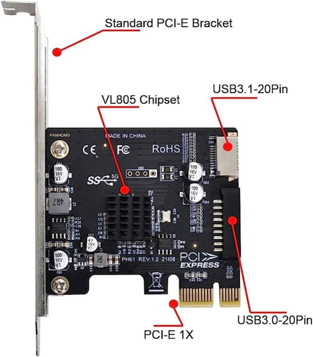 WLGQ PCI-E USB 3.2 Adapter Card - 1X to USB 3.2 GEN1 5Gbps Type-E + IDC 19Pin USB A Female Socket Expansion - WLGQHUB