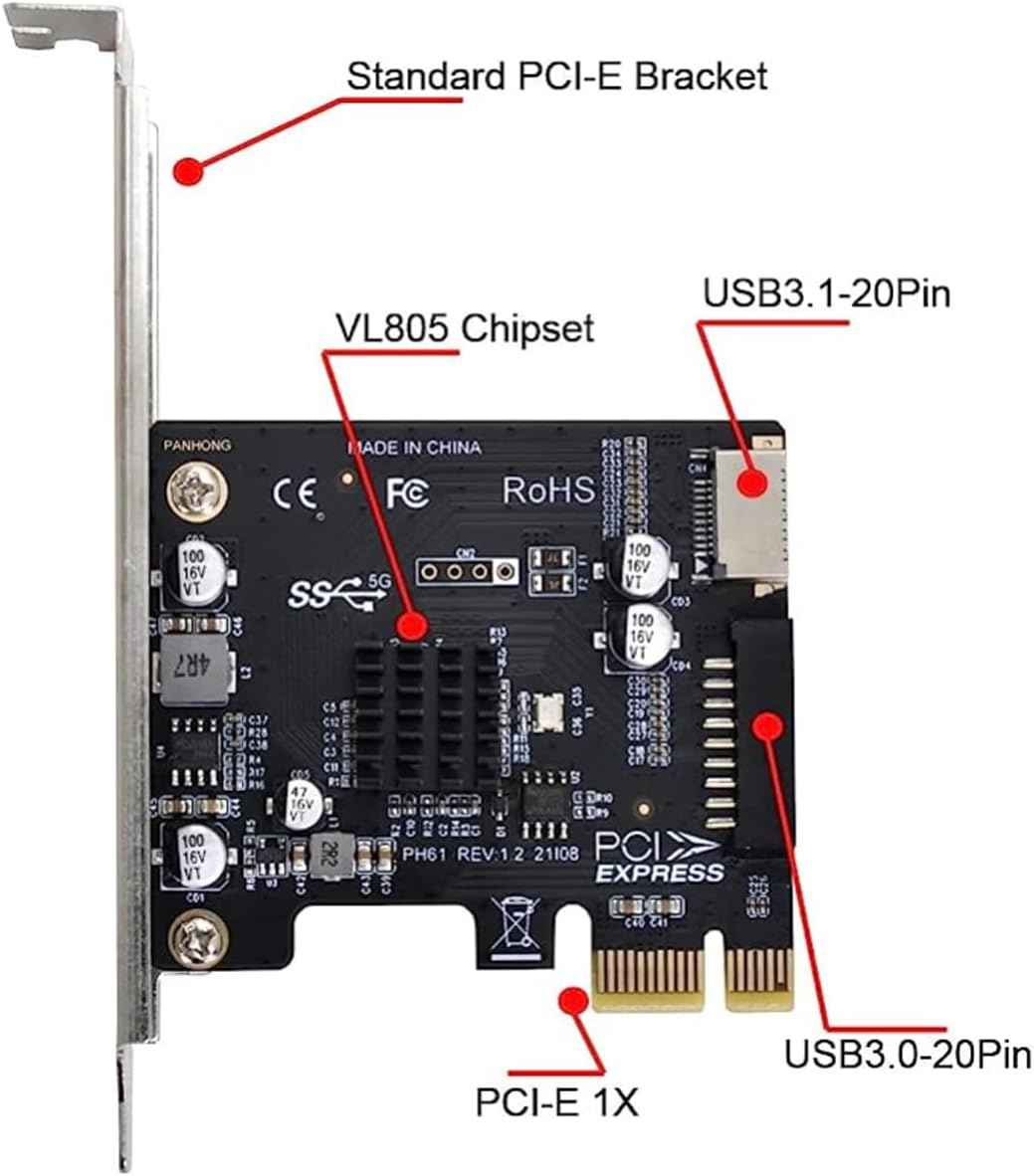 WLGQ PCI-E USB 3.2 Adapter Card - 1X to USB 3.2 GEN1 5Gbps Type-E + IDC 19Pin USB A Female Socket Expansion - WLGQHUB