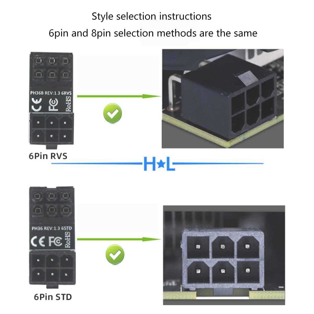 WLGQ ATX Female to Male 6pin Adapter 180 Degree Angled RVS for Desktop Graphics Card - WLGQHUB