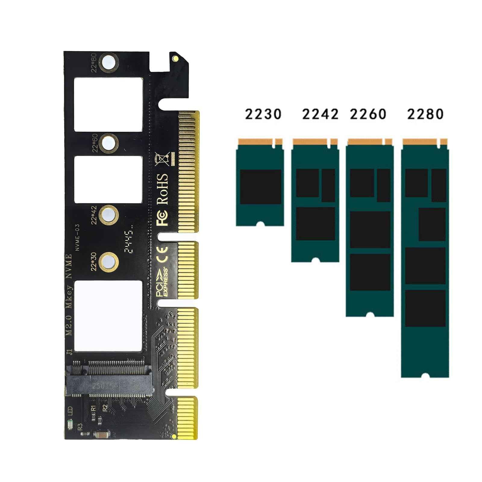 WLGQ M.2 NVMe SSD to PCIe Adapter Card - Black, Supports 2230/2242/2260/2280 - WLGQHUB