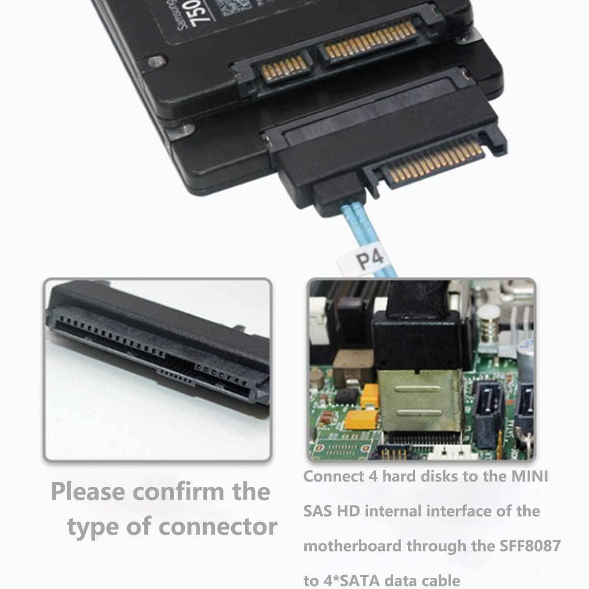 WLGQ Internal Mini SAS SFF-8087 to 4X SAS 29Pin SFF-8482 Hard Disk SAS Cable with SATA Power Port (1.6) - WLGQHUB