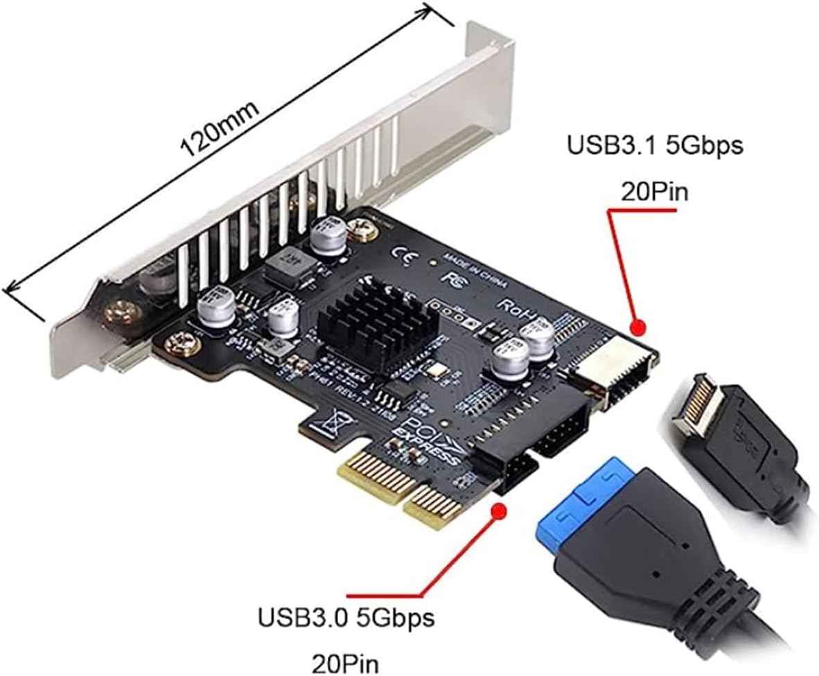WLGQ PCI-E USB 3.2 Adapter Card - 1X to USB 3.2 GEN1 5Gbps Type-E + IDC 19Pin USB A Female Socket Expansion - WLGQHUB