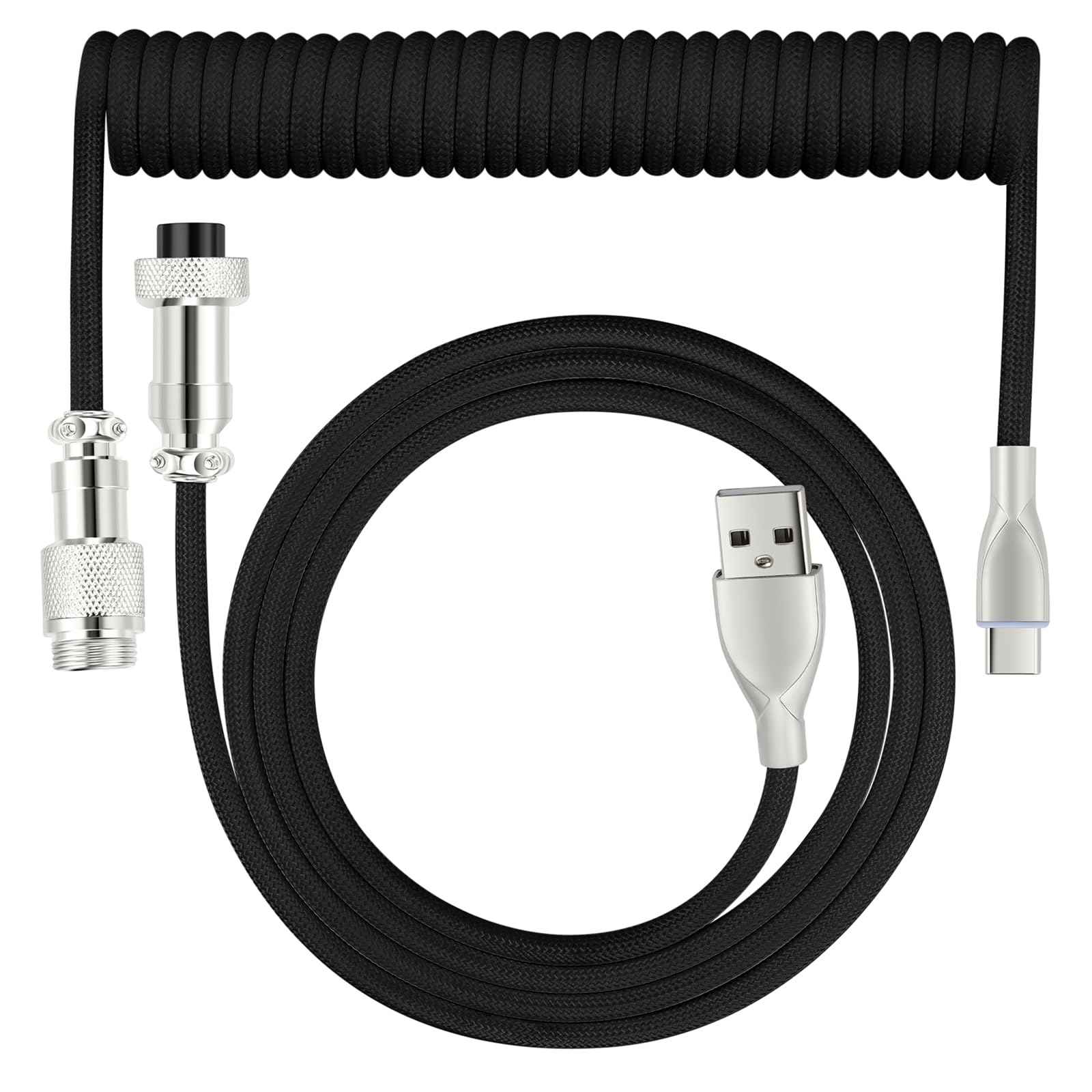 WLGQ USB C Keyboard Cable, USB C to USB A Cable for Gaming Coiled Keyboard, Braided Detachable Metal Aviator Connector Double Sleeved 6FT(Black) - WLGQHUB