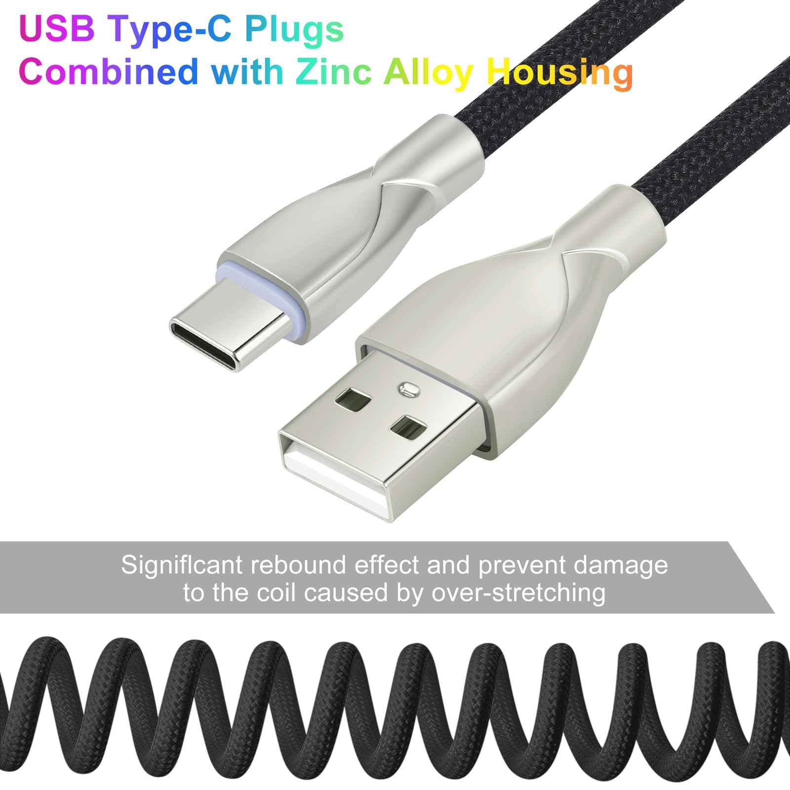 WLGQ USB C Keyboard Cable, USB C to USB A Cable for Gaming Coiled Keyboard, Braided Detachable Metal Aviator Connector Double Sleeved 6FT(Black) - WLGQHUB