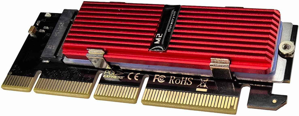 M.2 NVMe SSD PCIe X16 Adapter Card with Red Aluminum Heatsink and Thermal Silicone Cooling Solution - WLGQHUB