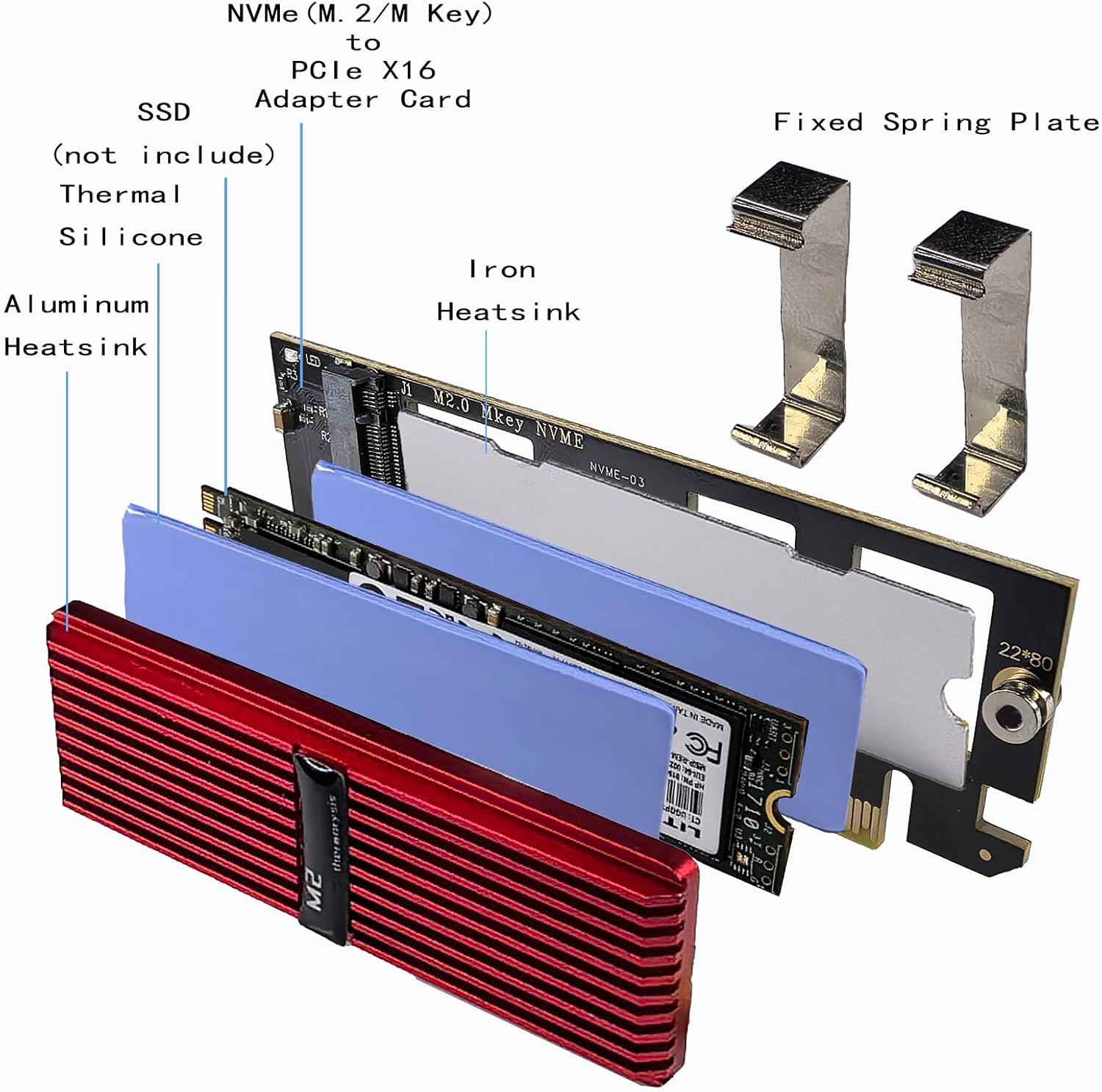 M.2 NVMe SSD PCIe X16 Adapter Card with Red Aluminum Heatsink and Thermal Silicone Cooling Solution - WLGQHUB