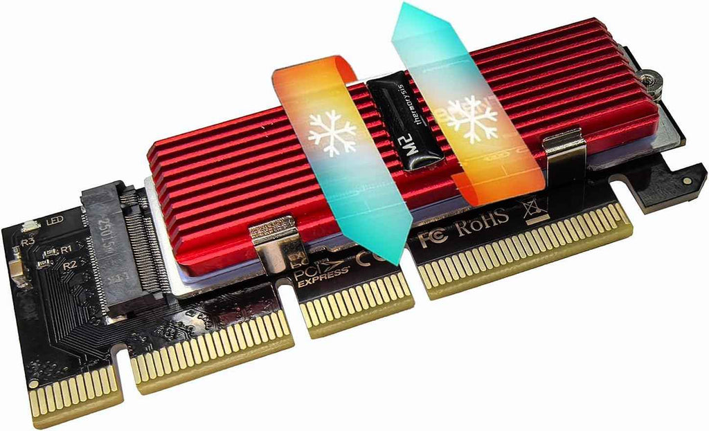 M.2 NVMe SSD PCIe X16 Adapter Card with Red Aluminum Heatsink and Thermal Silicone Cooling Solution - WLGQHUB