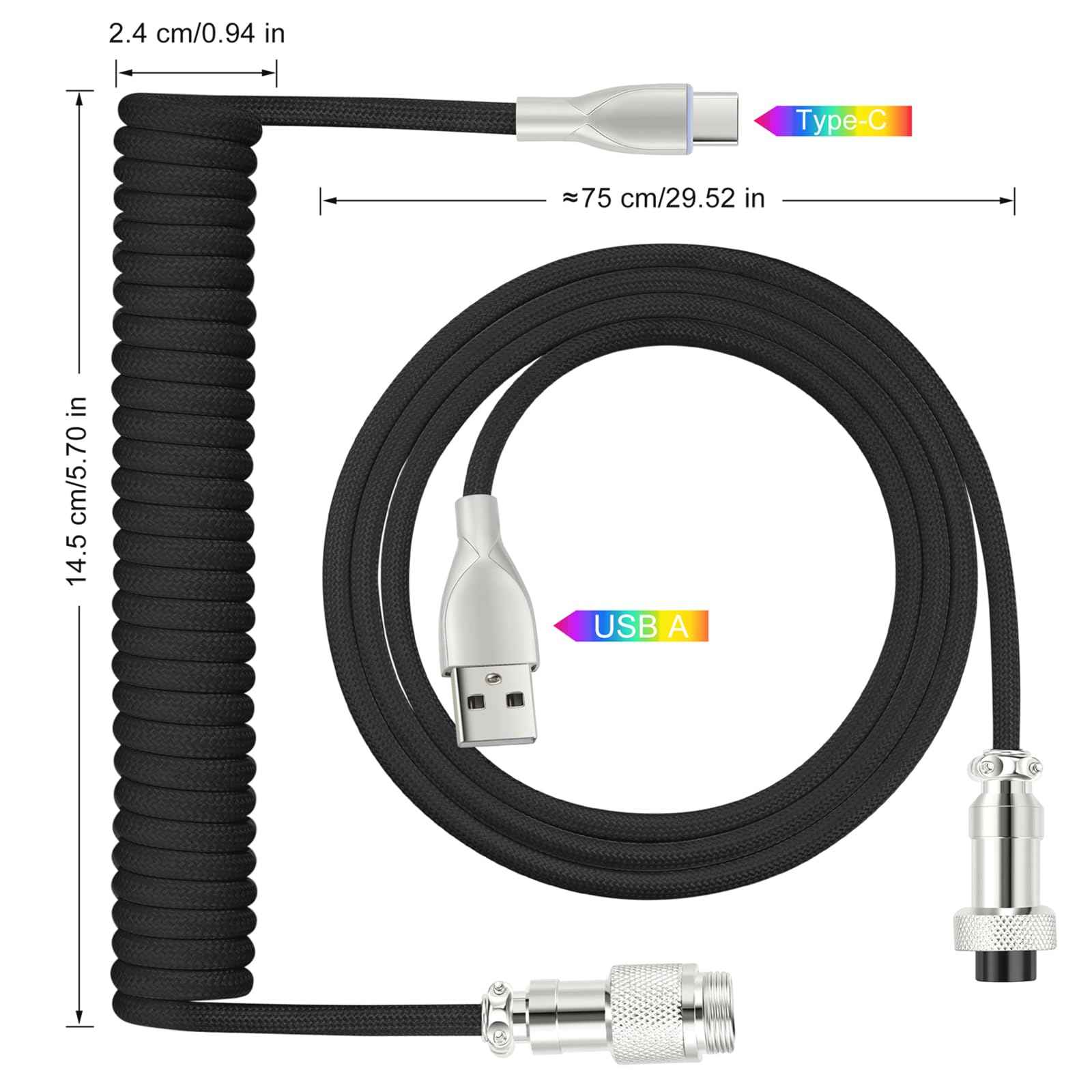 WLGQ USB C Keyboard Cable, USB C to USB A Cable for Gaming Coiled Keyboard, Braided Detachable Metal Aviator Connector Double Sleeved 6FT(Black) - WLGQHUB