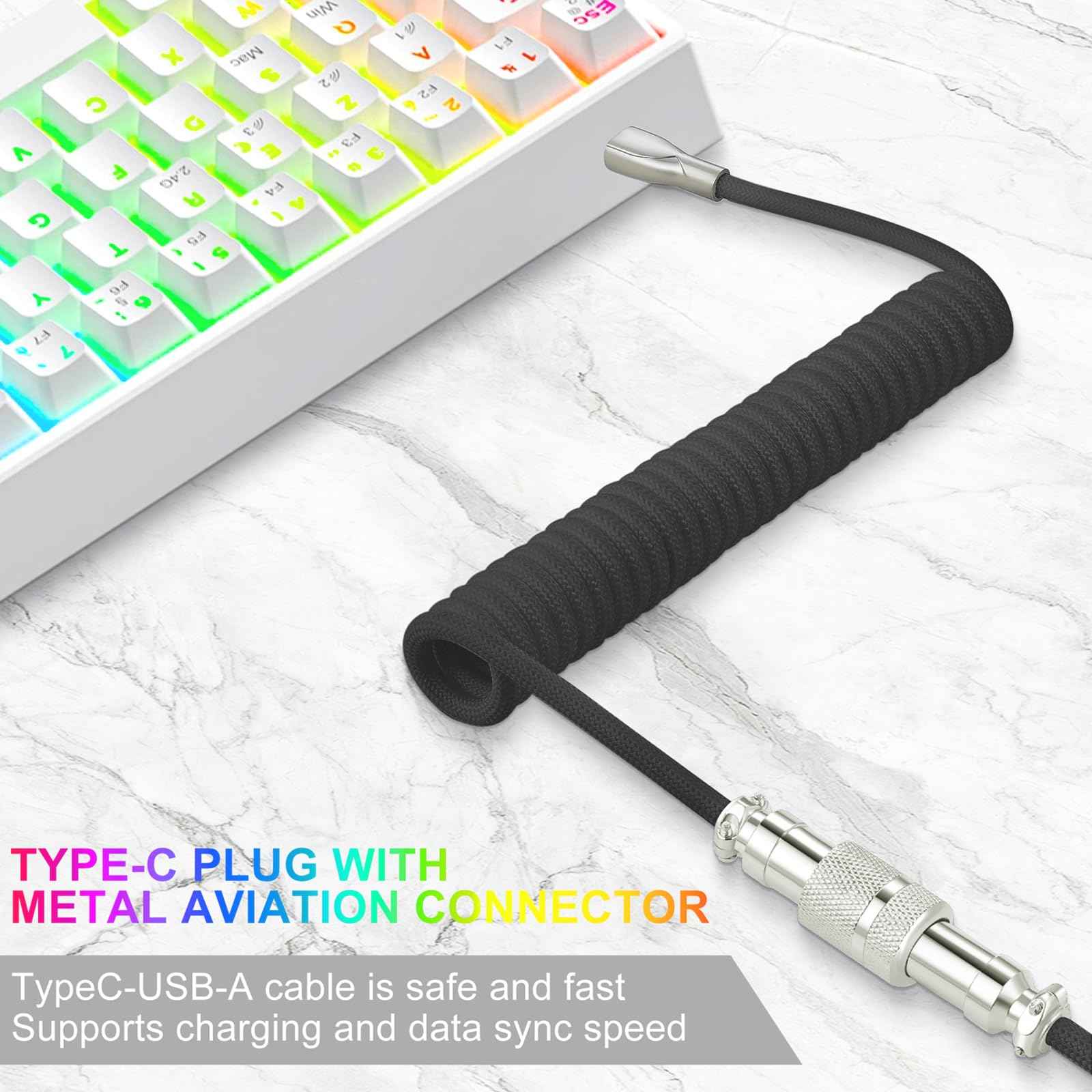 WLGQ USB C Keyboard Cable, USB C to USB A Cable for Gaming Coiled Keyboard, Braided Detachable Metal Aviator Connector Double Sleeved 6FT(Black) - WLGQHUB