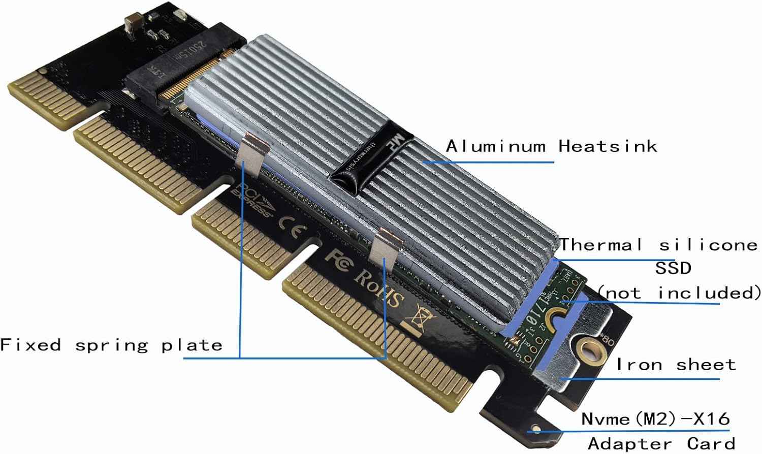 M.2 NVMe SSD PCIe Adapter Card with Silvery White Aluminum Heatsink and Thermal Cooling Solution - WLGQHUB