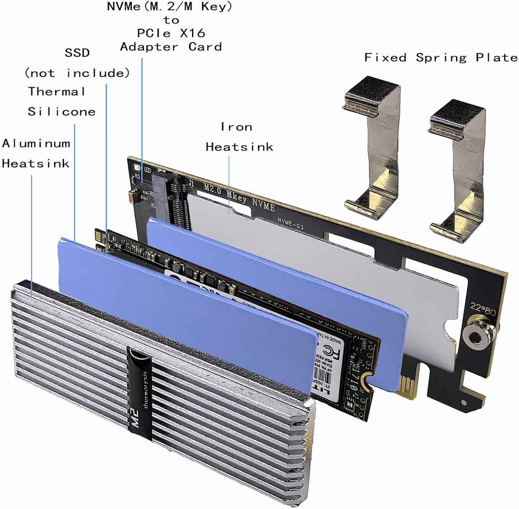 M.2 NVMe SSD PCIe Adapter Card with Silvery White Aluminum Heatsink and Thermal Cooling Solution - WLGQHUB