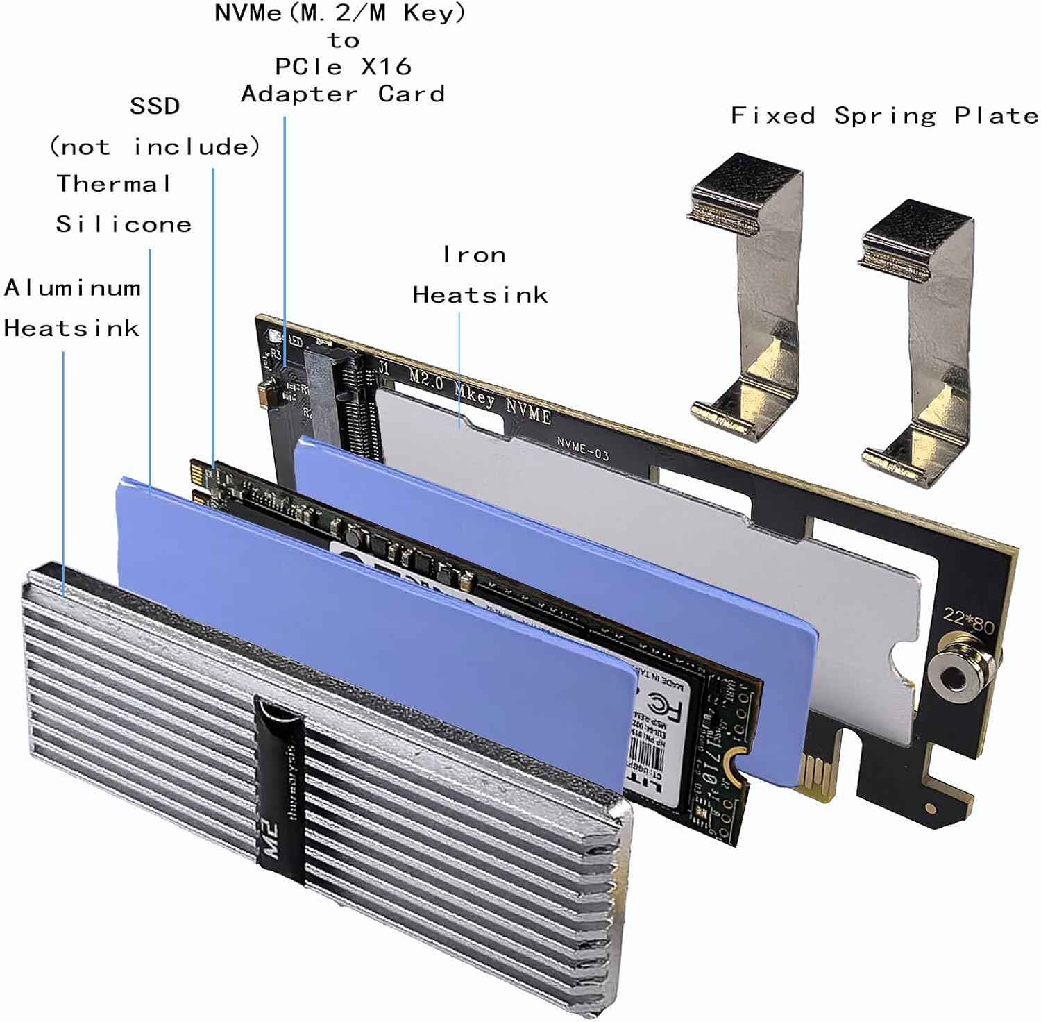 M.2 NVMe SSD PCIe Adapter Card with Silvery White Aluminum Heatsink and Thermal Cooling Solution - WLGQHUB