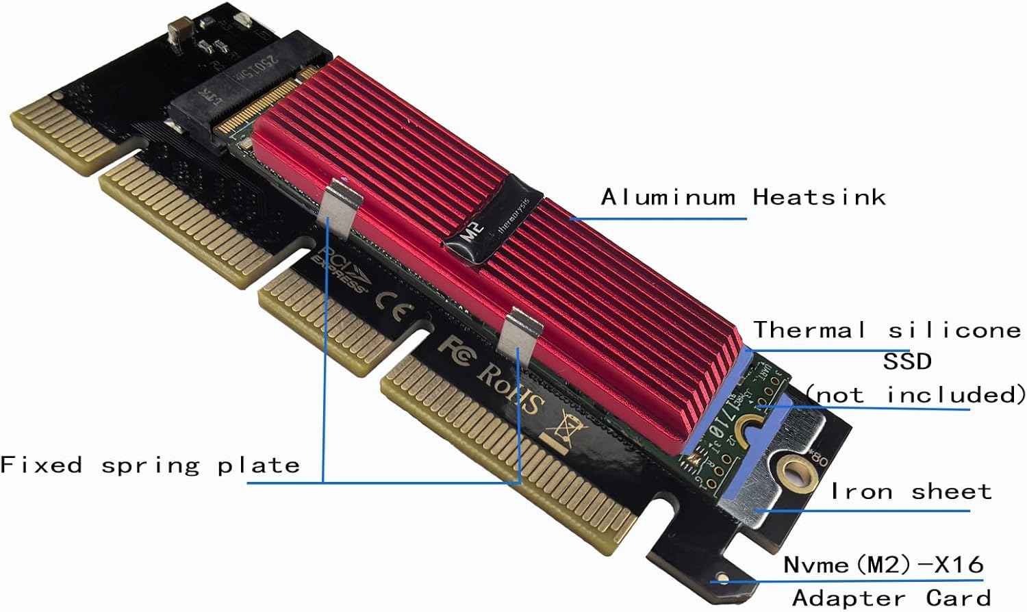 M.2 NVMe SSD PCIe X16 Adapter Card with Red Aluminum Heatsink and Thermal Silicone Cooling Solution - WLGQHUB